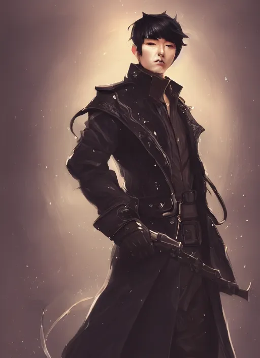 Image similar to a highly detailed illustration of young attractive black haired korean guy wearing black detective coat with coattails, heroic pose, strings background, intricate, elegant, highly detailed, centered, digital painting, artstation, concept art, smooth, sharp focus, league of legends concept art, wlop.