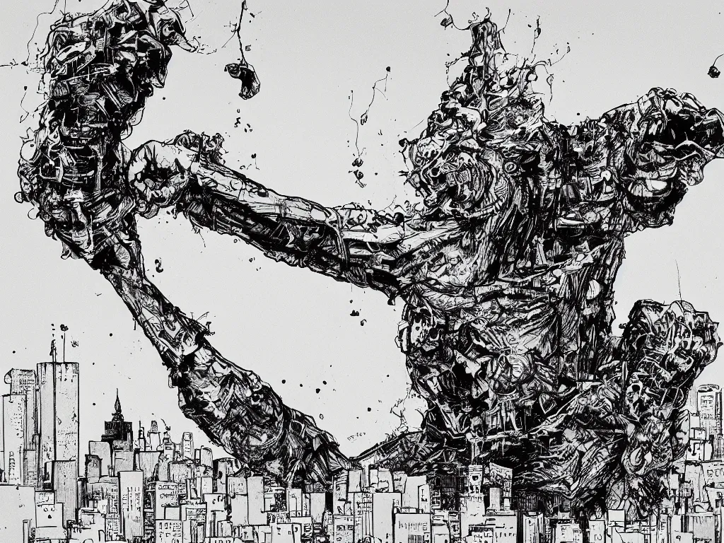 Prompt: gigantic arm floating over city snapping its fingers, ralph steadman style, monochromatic