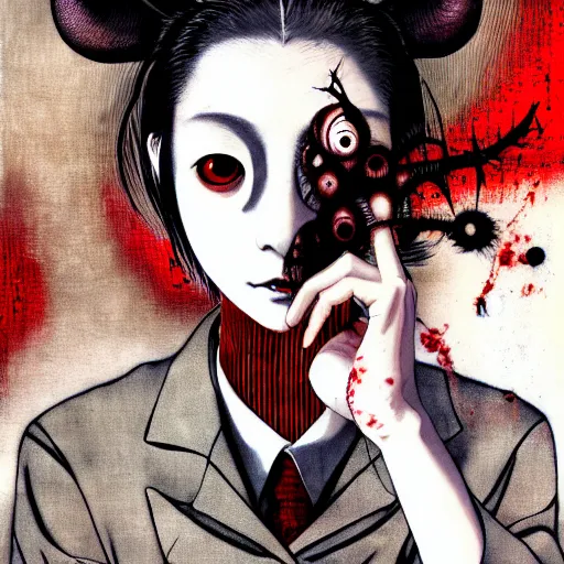 Image similar to yoshitaka amano blurred and dreamy realistic three quarter angle horror portrait of a sinister young woman with short hair, horns and red eyes wearing office suit with tie, junji ito abstract patterns in the background, satoshi kon anime, noisy film grain effect, highly detailed, renaissance oil painting, weird portrait angle, blurred lost edges