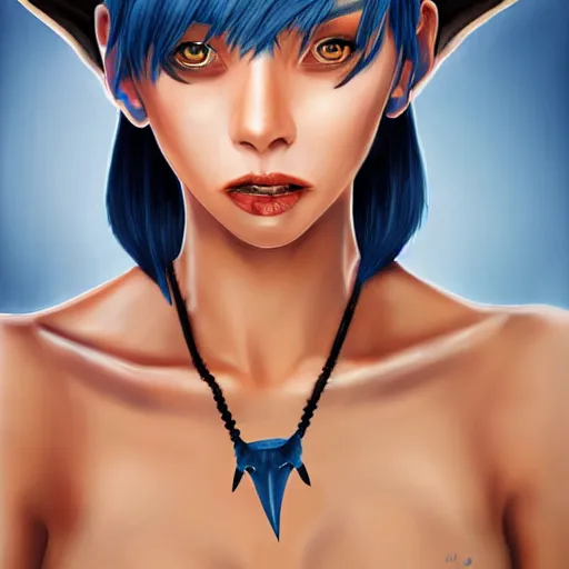 Image similar to illustrated realistic portrait of prong-horned devil woman with blue bob hairstyle and her tan colored skin and with solid black eyes wearing leather by rossdraws