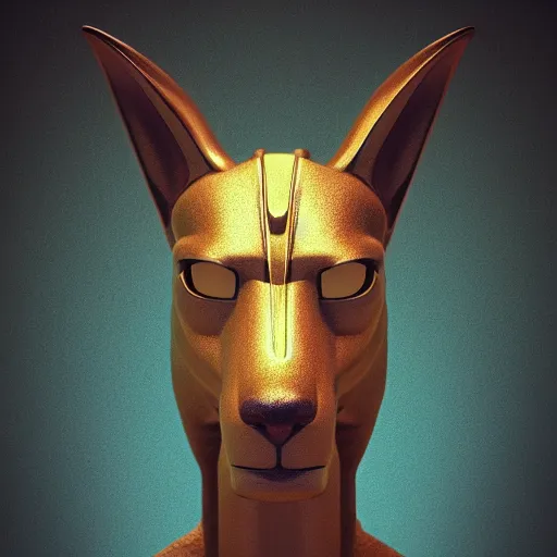 Image similar to anubis, nasus, digital model, head, detailed, beeple, art station, egypt, full color, head, colored, perfect lines, symetric