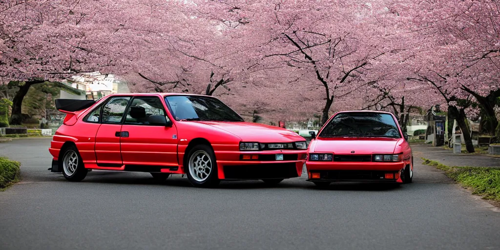 Image similar to toyota ae 8 6 sprinter in china, sakuras blooming, sunset, 8 k, realistic,