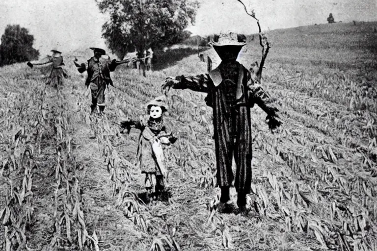 Prompt: sketchy scarecrow from the early 1 9 0 0's leading children into the cornfields