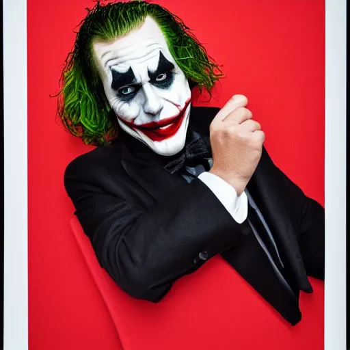 Image similar to the joker from the dark knight, in a black suit tuxedo with red tie, wearing black fedora | 35mm photograph | portrait photo