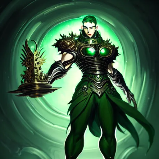 Prompt: a man with dark green hair, green glowing eyes that look like a clock, high detail clothing, fantasy, elegant, highly detailed, digital painting, artstation, concept art, smooth, sharp focus, illustration, artbook, dynamic pose, splash art, promo art, soul caliber, art by artgerm and greg rutkowski and bo chen and jin xiaodi