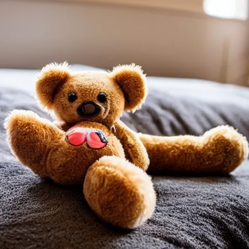 Image similar to cute spider cuddling a teddy bear while it lays in bed