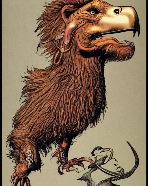 Image similar to a creature with the body and eyes of a man, with the beak of an eagle, the mane of a lion, and the horn of a bull. drawn by moebius