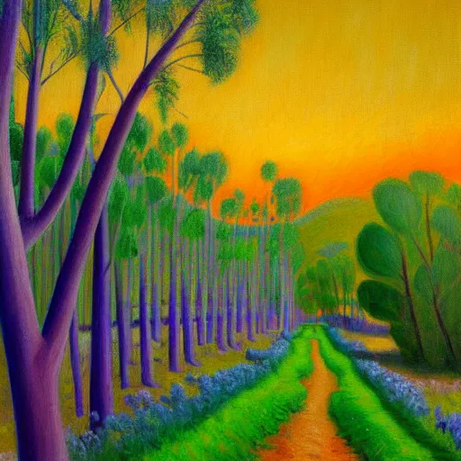 Prompt: a painting of a dirt road surrounded by eucalyptus trees and california golden poppies, violet woodland hill in the distance, violet sunset. an oil painting by magali villenueve, green orange violet triadic color palette, featured on deviantart, australian tonalism, pre - raphaelite, impressionism, detailed painting