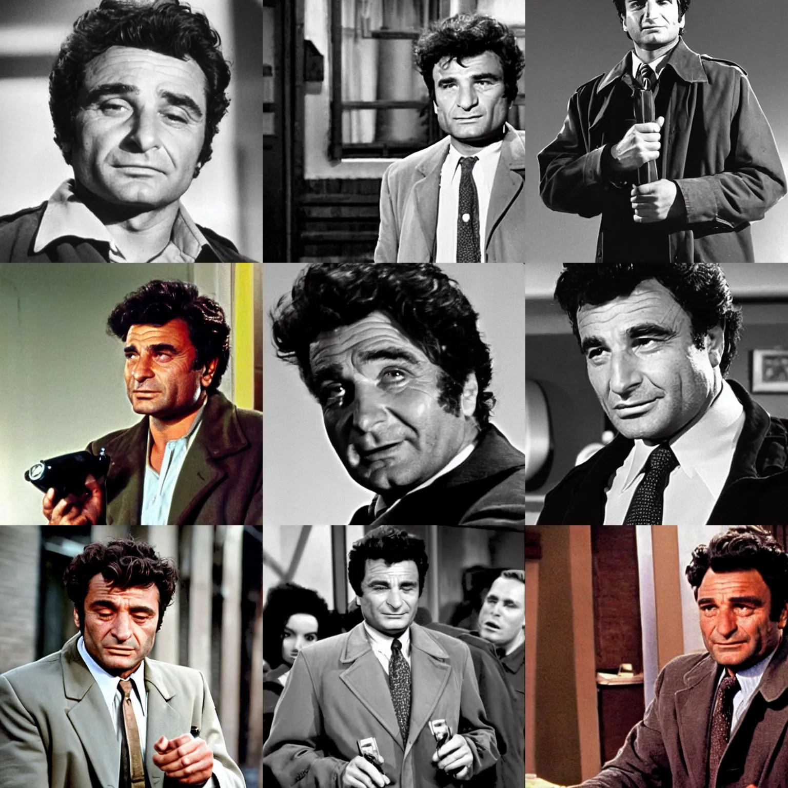 Prompt: a young peter falk as police detective columbo in his messy trenchcoat, smirking, shrunken tiny, standing in the palm of someone's hand