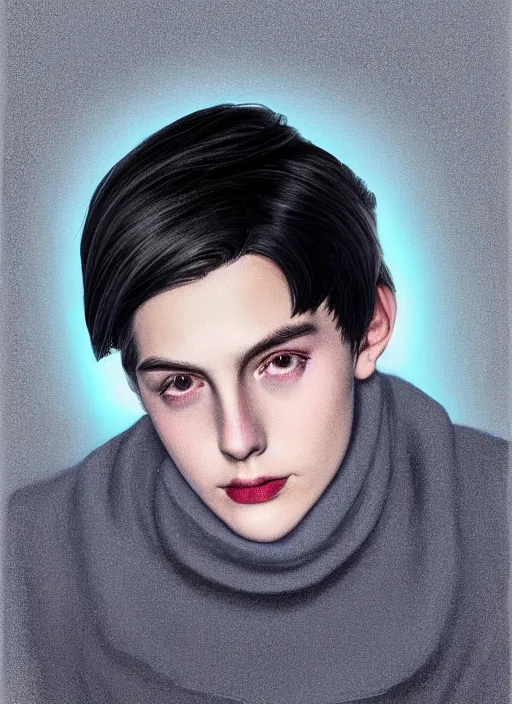 Image similar to portrait of teenage jughead jones wearing a light grey crown, crown, blue turtleneck, 1 9 5 0 s, closed eyes, photorealistic, black hair, glowing lighting, intricate, elegant, glowing lights, highly detailed, digital painting, artstation, concept art, smooth, sharp focus, illustration, art by wlop, mars ravelo and greg rutkowski