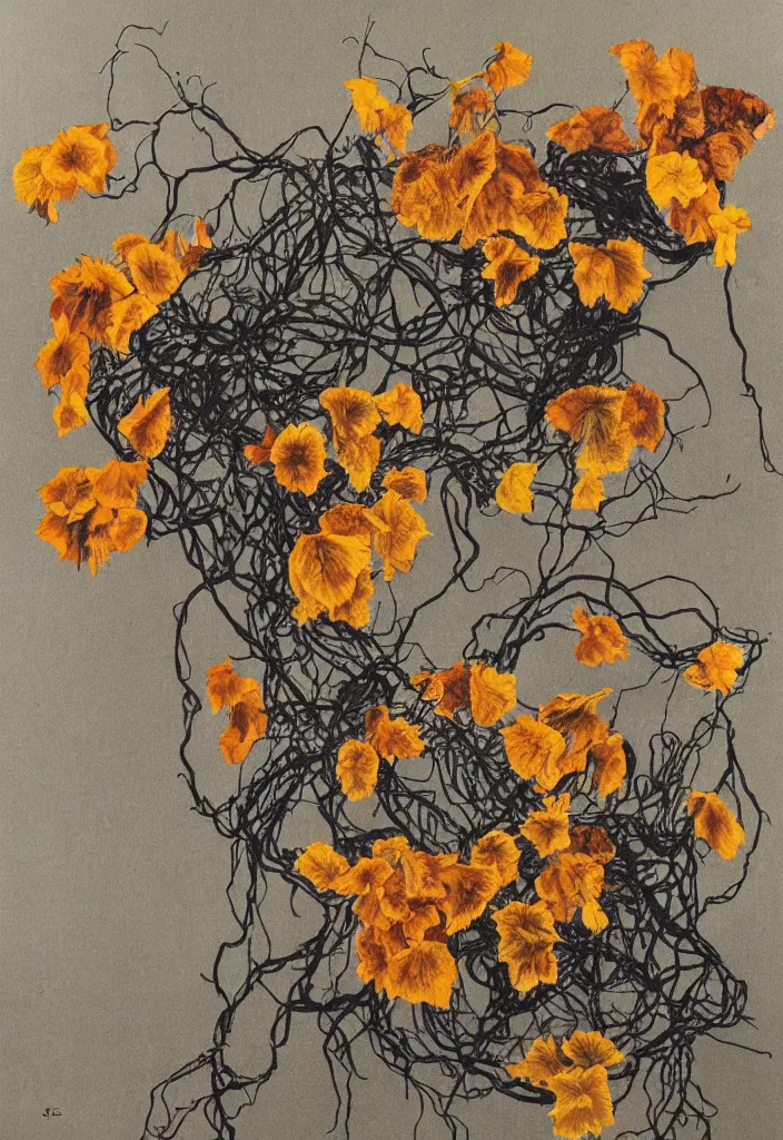 Image similar to award winning fine artwork about withered sunflowers and dry nasturtiums with vines, dark tones