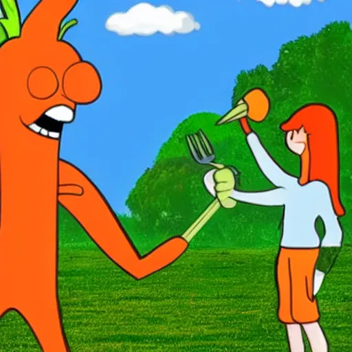 Prompt: A giant cartoon carrot eating a human stick