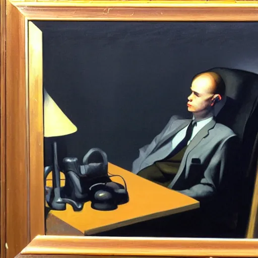 Prompt: a dark edward hopper oil painting of a man playing video games