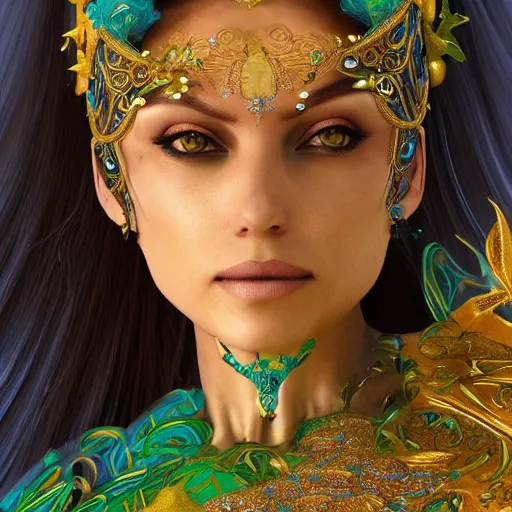 Image similar to a beautiful woman wearing a blue and green kaftan made of silk with golden ornaments and diamonds by alex gray and android jones , Karol Bak, Ayami Kojima, Amano , concept art, character design, fantasy,3D, 8k resolution