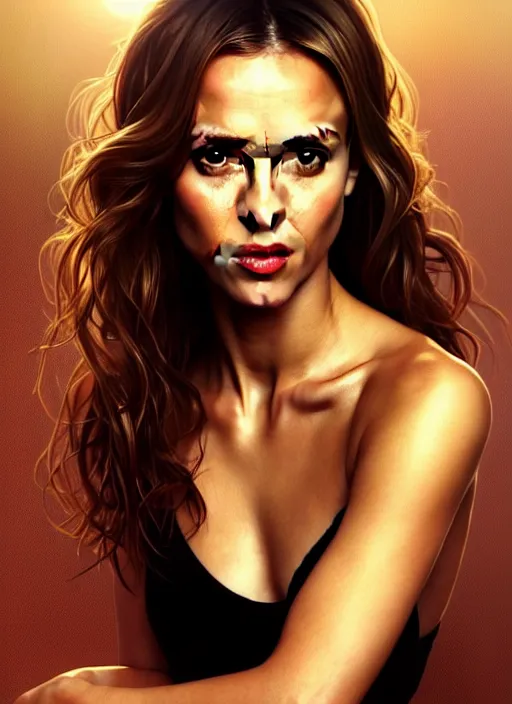 Image similar to half Jessica Alba half Nathalie Portman half scarlett johansonna pure seductive angel, full body portrait, slight smile, diffuse natural sun lights, autumn lights, highly detailed, digital painting, artstation, concept art, sharp focus, illustration, art by wlop and greg rutkowski and alphonse mucha and artgerm