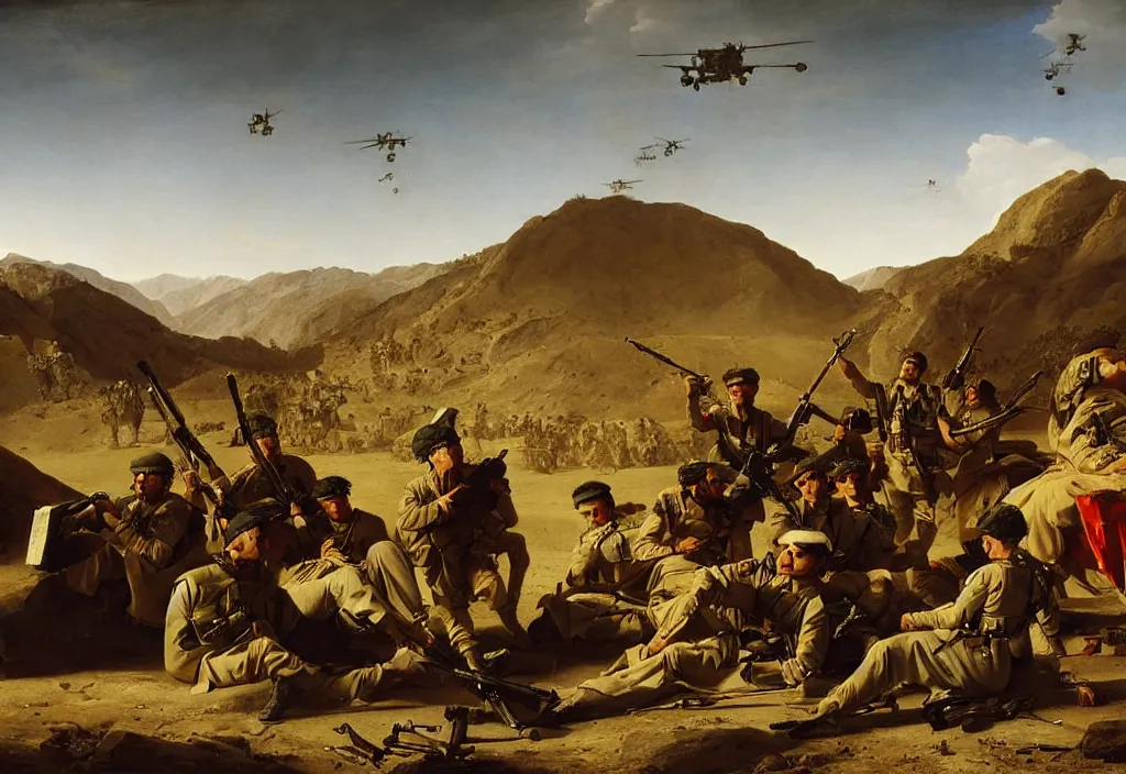 Prompt: afghanistan war portrait by jacques - louis david, desert, us army, battlefield, helicopters firing, bombs