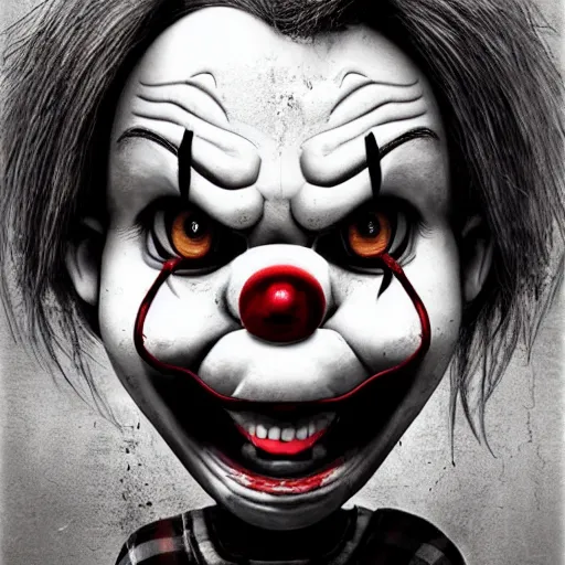 Image similar to grunge cartoon portrait sketch of chucky with a wide smile and a red balloon by - michal karcz, loony toons style, pennywise style, chucky style, horror theme, detailed, elegant, intricate