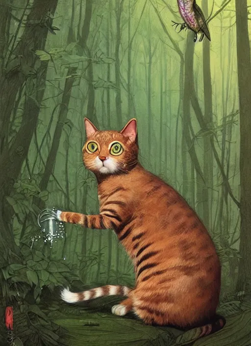 Image similar to a hyper realistic illustrated cat with playing with a hummingbird on its paw in the woods gorgeous lighting, lush forest foliage painting by chiara bautista and beksinski and norman rockwell and greg rutkowski weta studio, and lucasfilm