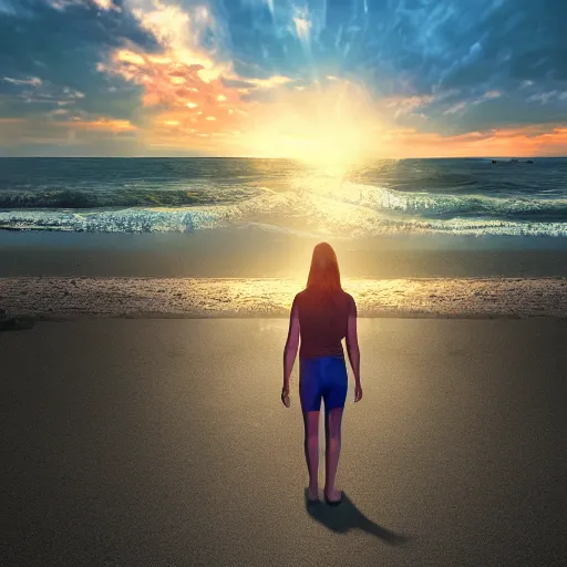 Image similar to a woman facing a blue interdimensional portal on the street, rip in spacetime beach at sunset, rutkowski, fantasy, rim lighting