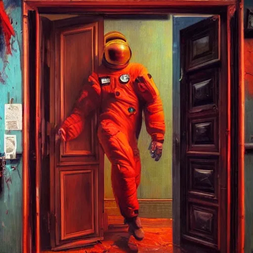 Prompt: diego dayer, hyperrealistic surrealism, award winning masterpiece with incredible details, a surreal vaporwave painting of door leading to nowhere, mirrors everywhere, highly detailed, astronaut