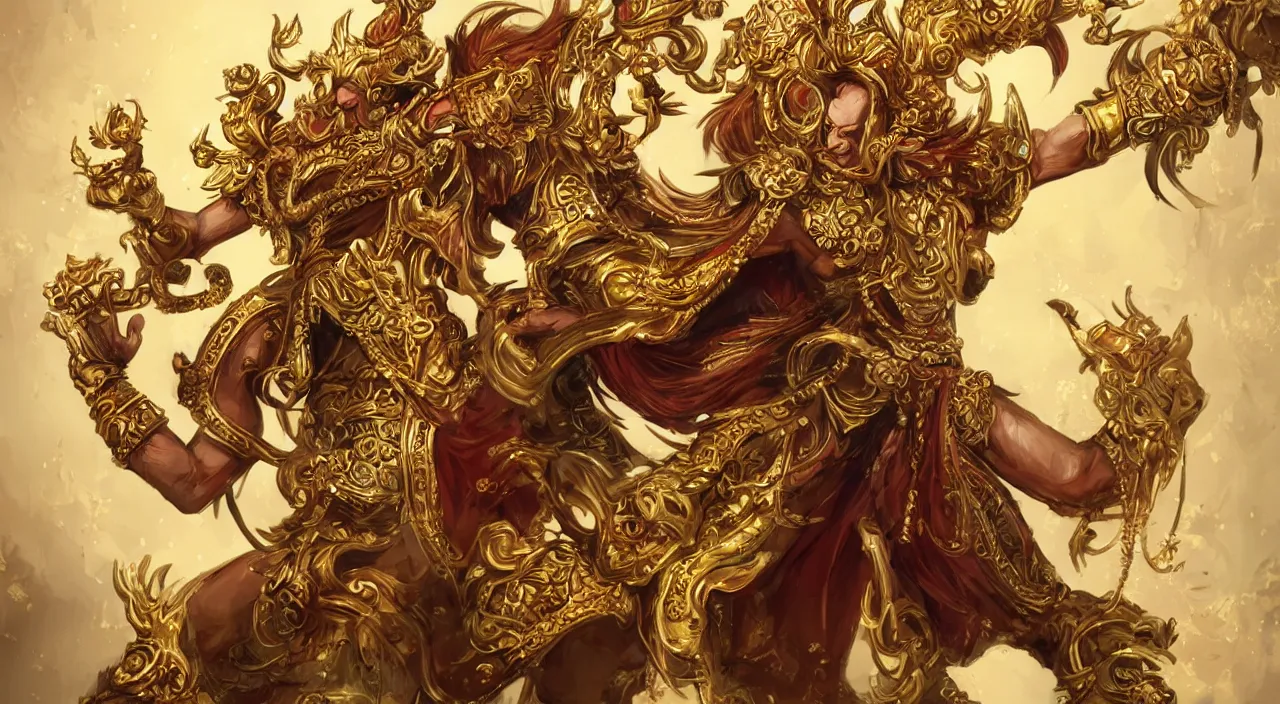 Prompt: concept art of monkey king in ornate golden armo, artstation