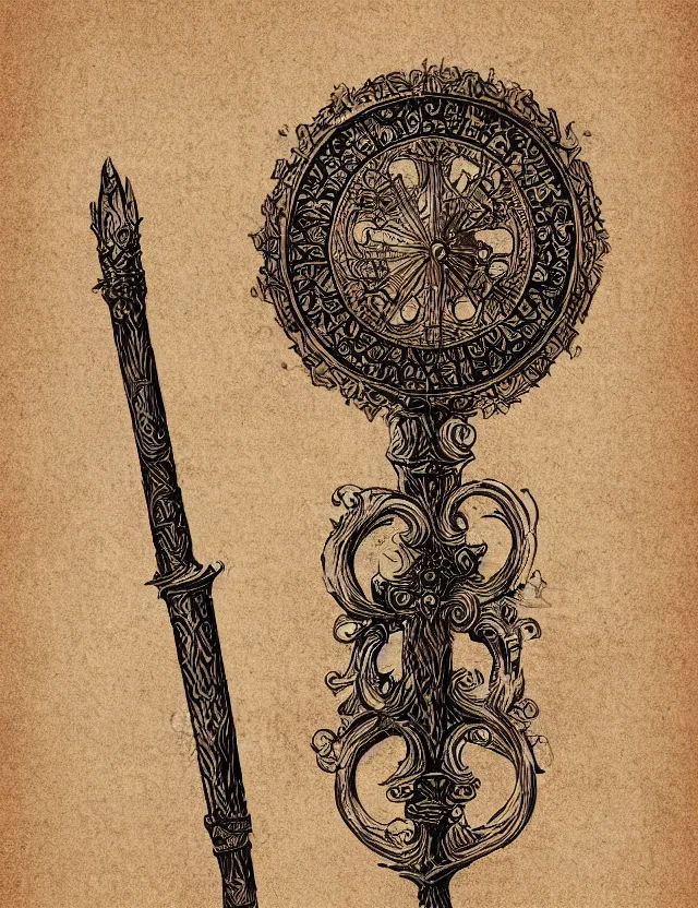 Image similar to an ornate wooden staff, fantasy illustration, medieval era, blank background, studio lighting, hand - drawn digital art