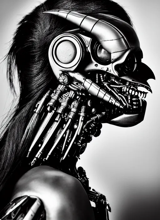 Image similar to a profile portrait, a stunning young mutant cyborg - crow woman, editorial photography, bw, shot on 7 0 mm, depth of field, f / 2. 8, high contrast, 1 6 k, volumetric lighting, shiny, insanely detailed and intricate, hypermaximalist, elegant, ornate, hyper realistic, super detailed