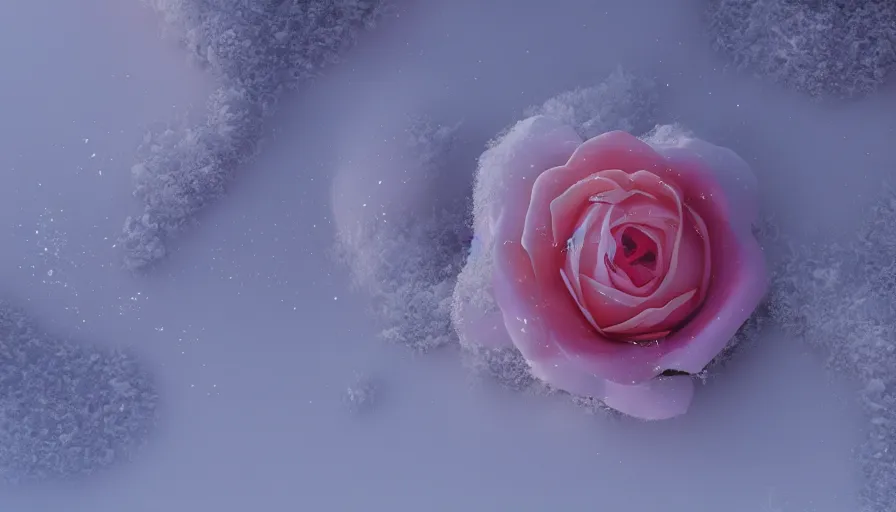 Image similar to rose in the snow, bright sunlight, volumetric light, hyperdetailed, artstation, cgsociety, 8 k