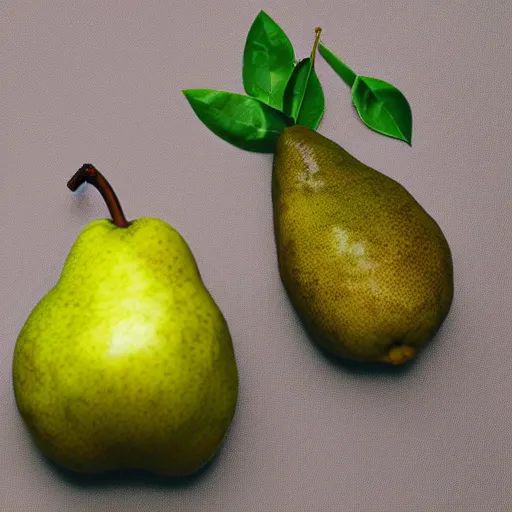 Image similar to a pear sitting on the counter top that is a symbol of capitalism rotting society from the inside out