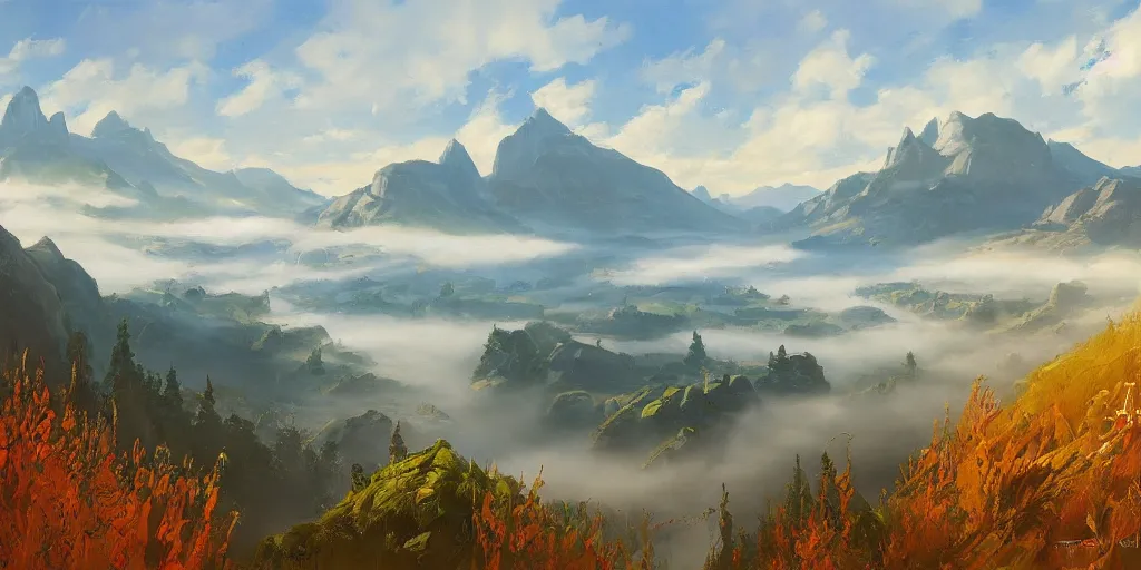 Image similar to breath of the wild by vsevolod ivanov and vsevolod ivanov and vsevolod ivanov and vsevolod ivanov, beautiful landscape, oil on canvas, fog, river, mountains, epic