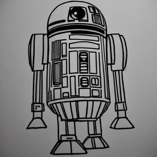 Image similar to full body black and white pencil sketch of muscular R2D2