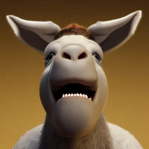 Image similar to hyperrealistic dslr film still of funny donkey smiling, stunning 8 k octane comprehensive 3 d render, inspired by istvan sandorfi & greg rutkowski & unreal engine, perfect symmetry, dim volumetric cinematic lighting, extremely hyper - detailed, extremely lifelike attributes & lifelike texture, intricate, masterpiece, artstation, stunning