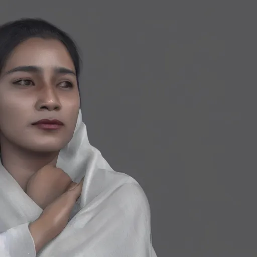 Prompt: a nepali wearing a white shawl, sad, tears, octane render