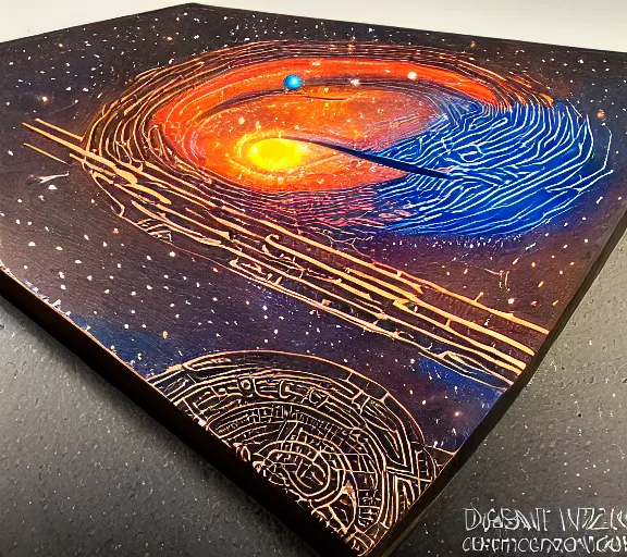 Prompt: pyrography cosmic convergence by Dan Mumford and by Dan Witz