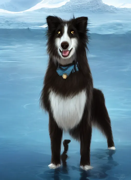 Prompt: beautiful wide angle full body portrait of a cute male anthropomorphic anthro border collie fursona wearing a swimsuit in antarctica, character design by charlie bowater, henry asencio, and ross tran, scenic background, detailed, aesthetic, furry, trending on artstation, furaffinity, deviantart