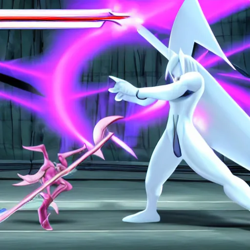 Prompt: Mewtwo vs Sephiroth, smash screenshot