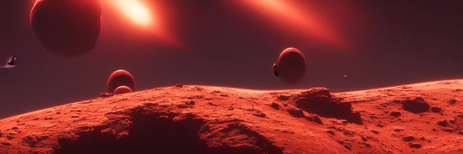 Image similar to realistic spaceship orbiting red planet in space, sci - fi concept art by david edwards and craig mullins, volumetric light, atmospheric lighting, dramatic, cinematic, moody, octane render 4 k, 8 k