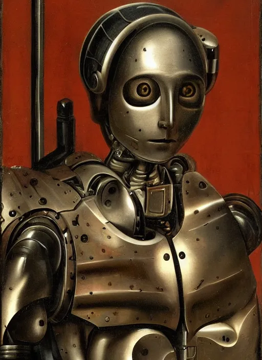 Image similar to a portrait of a robot cyborg by Petrus Christus, renaissance style