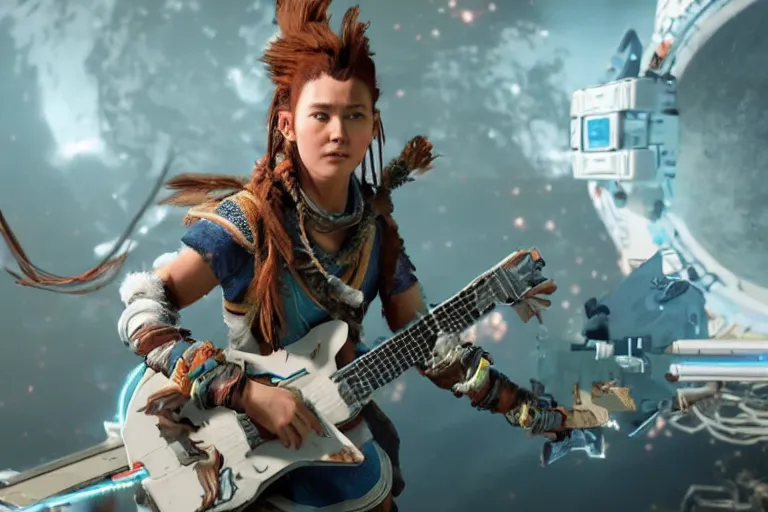 Prompt: cinematic picture of aloy from the horizon zero dawn videogame playing the guitar in the international space station