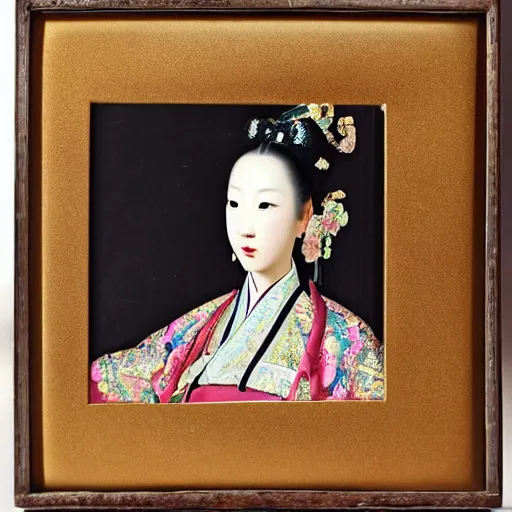 Image similar to portrait photo of pretty princess foundation makeup, qing dynasty, authentic kingdom environment by caravaggio