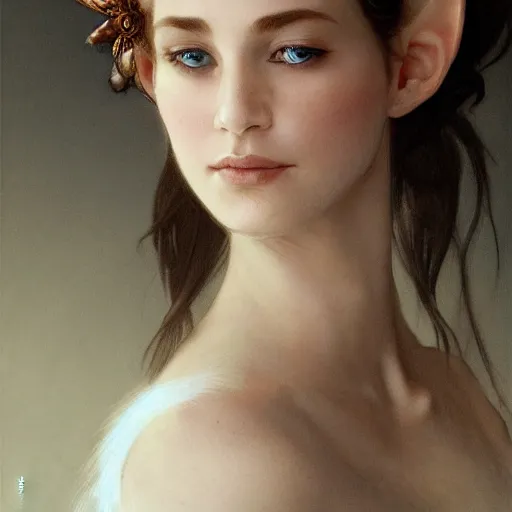 Image similar to portrait of gorgeous elf, thorn crown, thorn background, small ears, white silk dress, headshot, pale skin, 4k, rule of thirds, extreme detail, detailed drawing, trending artstation, hd, fantasy, D&D, realistic lighting, by Alphonse Mucha, Greg Rutkowski, sharp focus, backlit, bright white hair, elegant