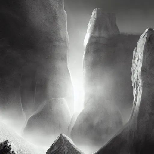 Image similar to the dawning of a new age, black and white matte painting