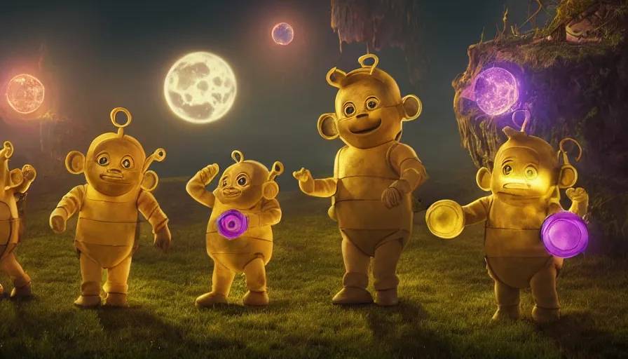 Prompt: steampunk teletubbies dancing in the moonlight, ultra realistic, concept art, intricate details, photorealistic, octane render, 8k, unreal engine, art by Alex Broeckel, Majentta, Khorghill, Adam Burn