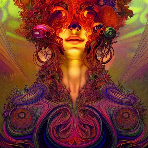 Image similar to An extremely psychedelic experience, colorful, surreal, dramatic lighting, magic mushrooms, psilocybin, LSD, face, detailed, intricate, elegant, highly detailed, digital painting, artstation, concept art, smooth, sharp focus, illustration, art by Krenz Cushart and Artem Demura and alphonse mucha