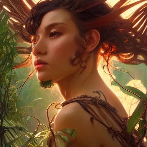 Image similar to a female angel, jungle, dramatic light, intricate, highly detailed, digital painting, artstation, concept art, smooth, sharp focus, illustration, unreal engine 5, 8 k, art by artgerm and greg rutkowski and alphonse mucha