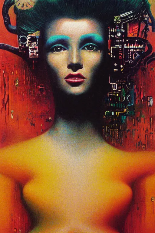 Image similar to 8 0 s art deco close up portait of miss of the world, rain like a dream oil painting curvalinear clothing cinematic dramatic cyberpunk textural fluid lines otherworldly vaporwave interesting details fantasy lut epic composition by basquiat zdzisław beksinski james jean artgerm rutkowski moebius francis bacon gustav klimt