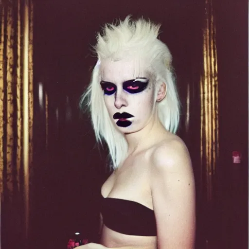 Image similar to a 2 0 y. o. girl with white hair and makeup in a bathroom, an album cover by nan goldin, tumblr, international gothic, goth, antichrist, gothic