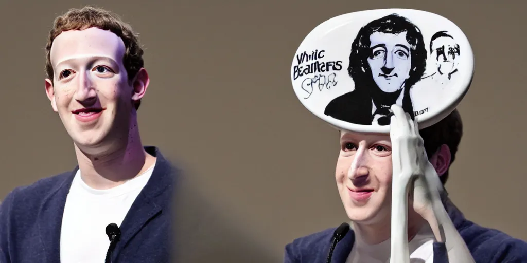 Prompt: the white painted face of Marc Zuckerberg with a very very very very very very large Beatles hair bowl cut standing on a surfboard