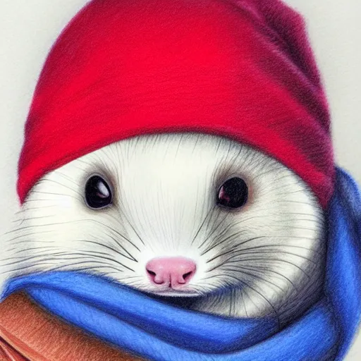 Image similar to A ferret wearing a blue scarf and a red beanie, Pencil drawing, hyper-detailed, very realistic