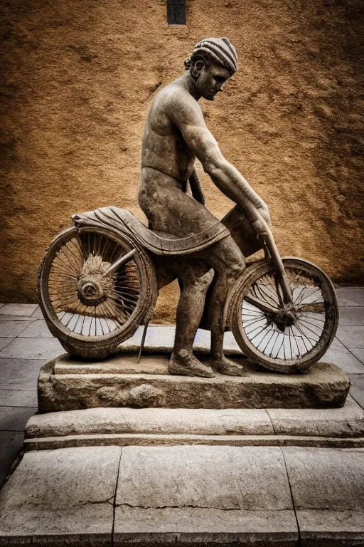 Image similar to photo of the ancient statue of biker on the ancient bike, symmetrical, cinematic, real dlsr photography, sharp focus, 4 k, ultra hd, sense of awe, archeology journal cover